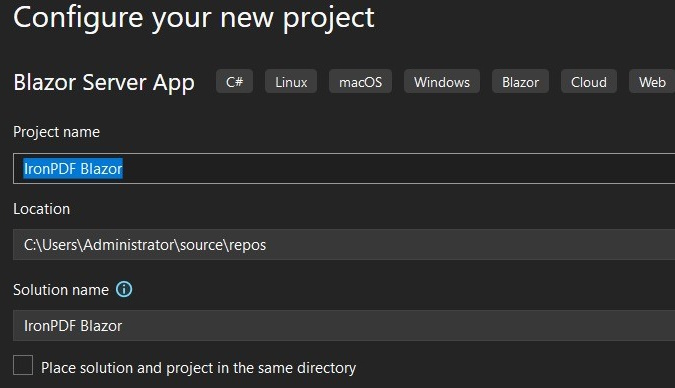 Configure your new project Iron PDF Blazor-